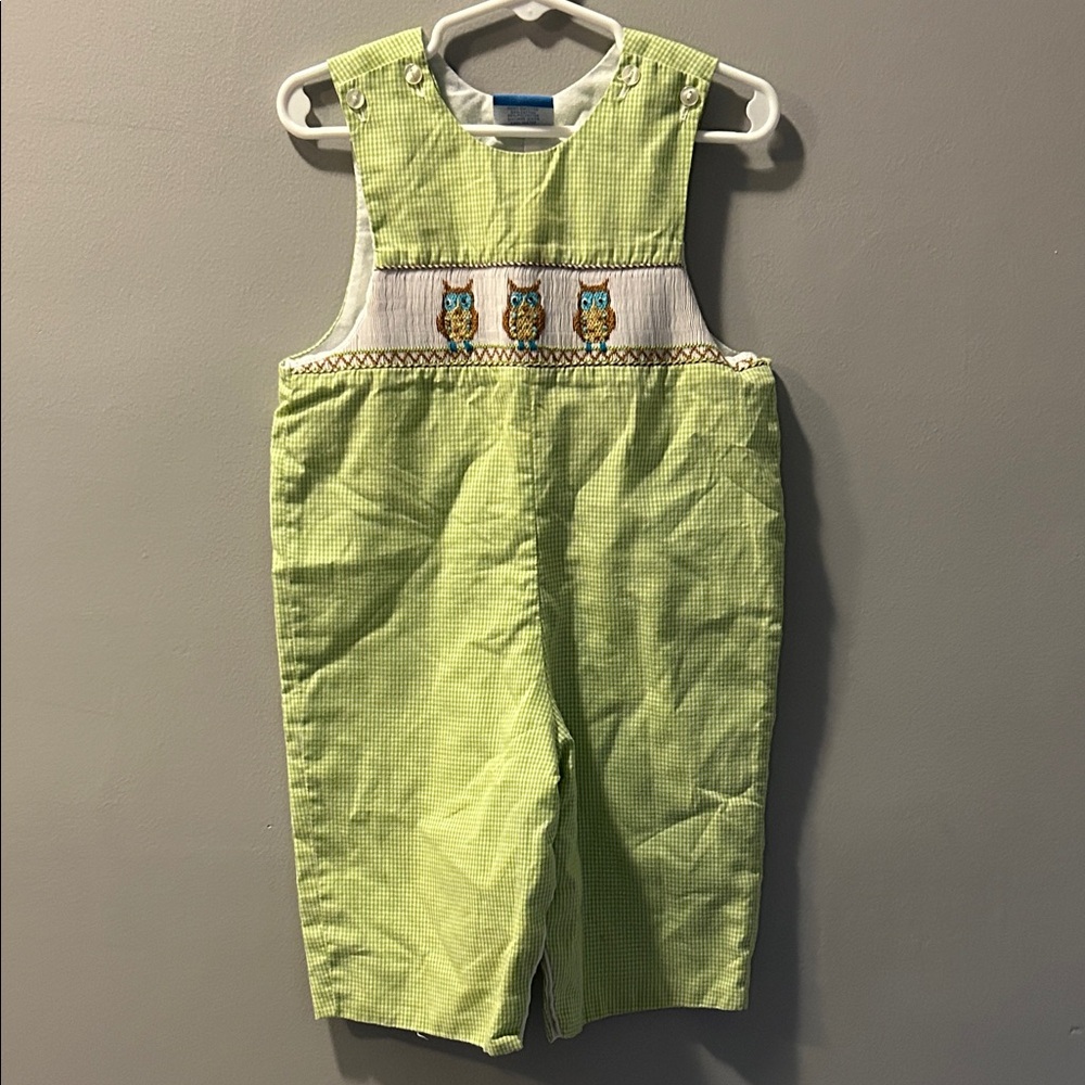 Candyland Green Gingham Smocked Owls John John